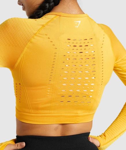 GYMSHARK sieviešu sporta crop tops ar garām piedurknēm dzeltens