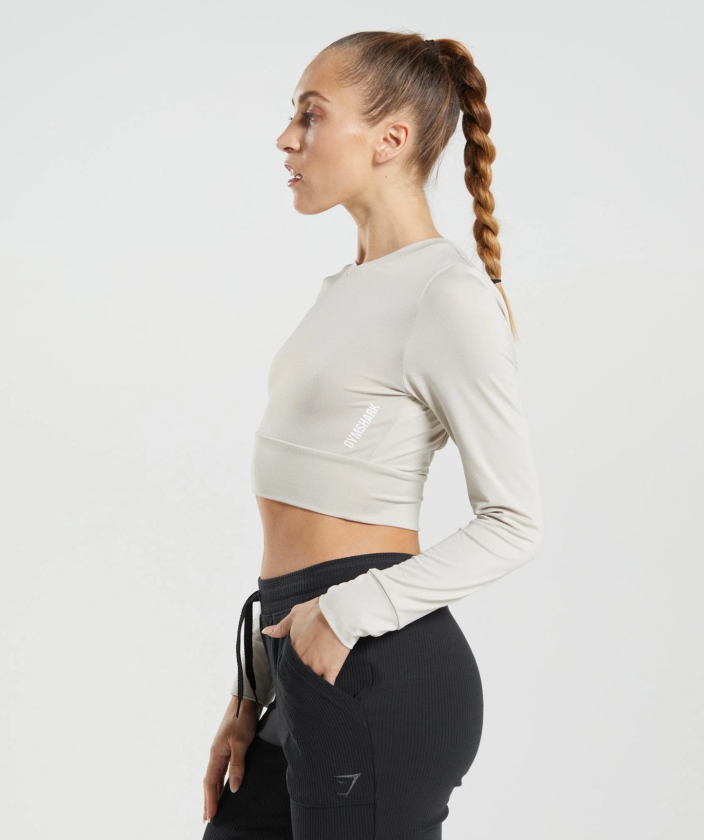 GYMSHARK crop tops ar garām piedurknēm gaiši pelēks