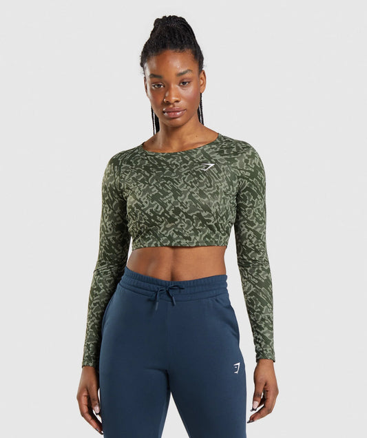 GYMSHARK sieviešu sporta crop tops ar garām piedurknēm zaļš