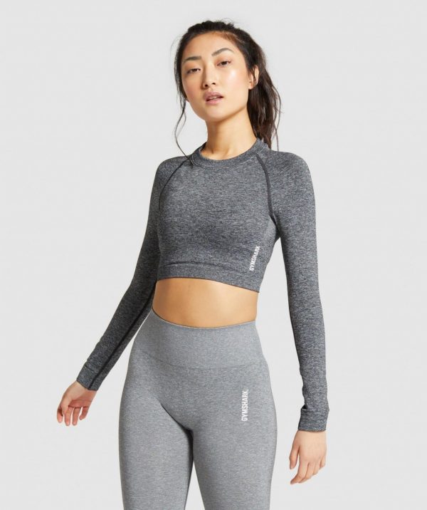 GYMSHARK sieviešu sporta crop tops ar garām piedurknēm pelēks