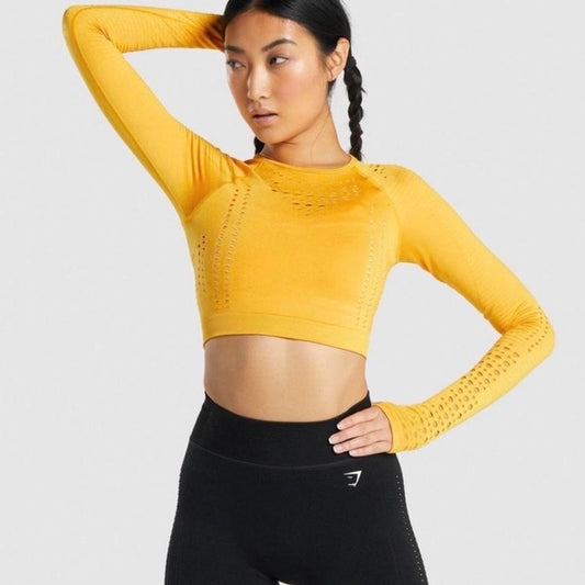 GYMSHARK sieviešu sporta crop tops ar garām piedurknēm dzeltens